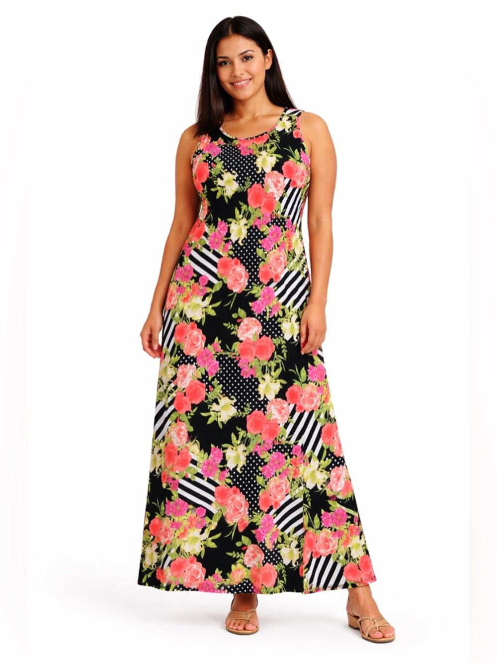 Kim Rogers Black Maxi Dress with Pink &‎ Green Floral Print(A-33)